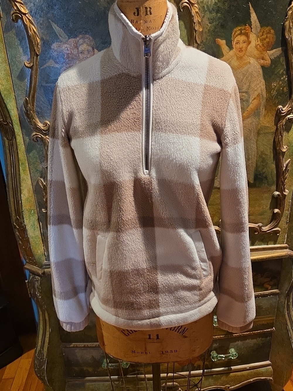 Abercrombie & Fitch Cozy Plaid Half-Zip Women's Pullover - Beige/White Sz XXS